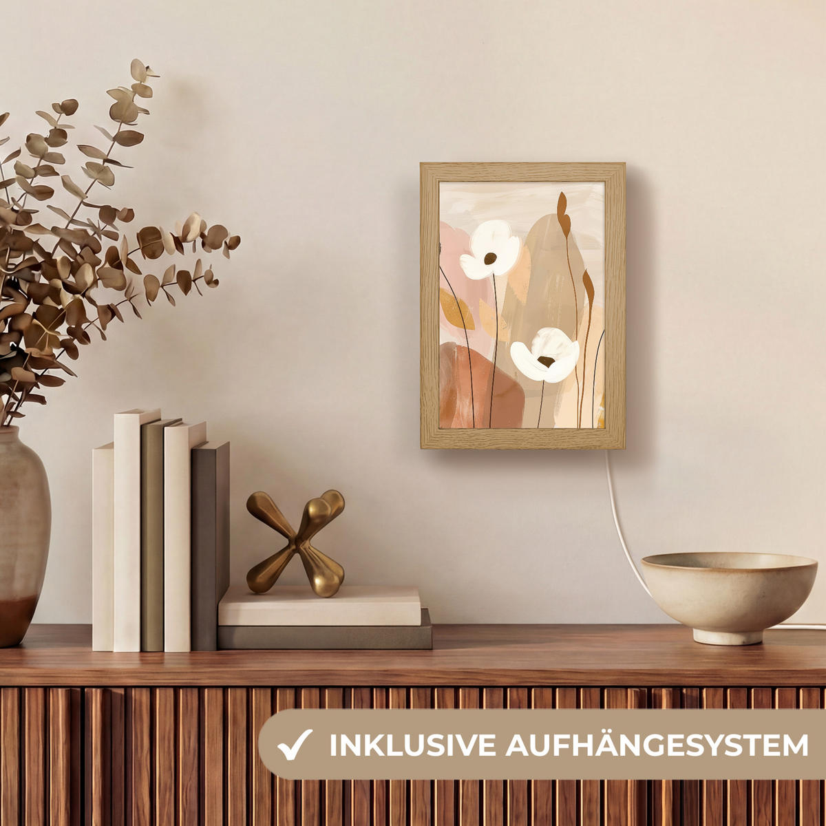 WANDLEUCHTE Blumen - Abstrakt - Beige - Strichzeichnung 15x20 cm - Sandfarben, Holzwerkstoff (15/20/8cm) - OnlyWow