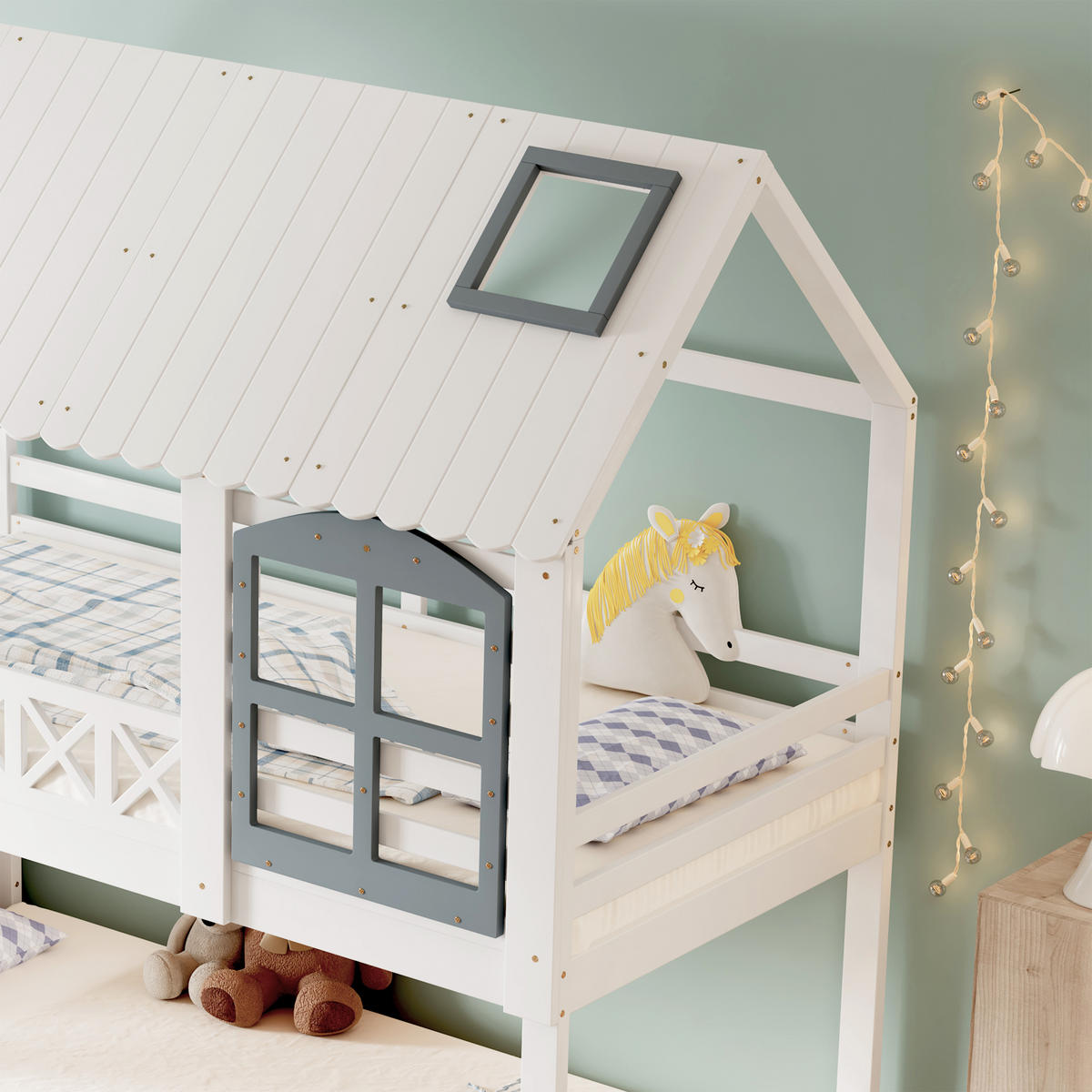 ETAGENBETT Kinder 90x200 Weiß+Grau mit Dach, Fenster und Stauraumtreppe - Weiß, Holz (90/200cm) - ComfortXL