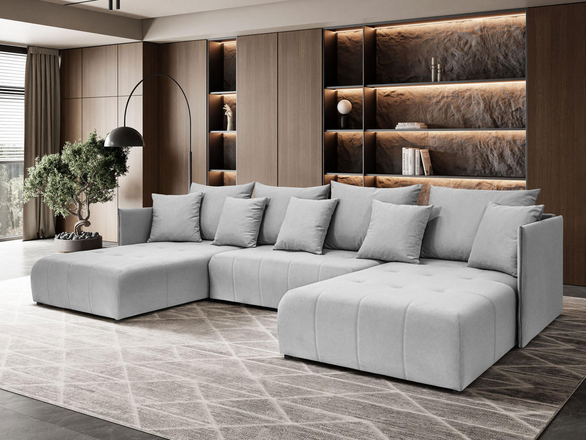 WOHNLANDSCHAFT Hanna in U-Form 348 x 188cm Schlaffunktion Bettkasten, 5 Sitzer, Schlafsofa, hellgrau - Hellgrau, Kunststoff (348/93/188cm) - Margaret Hadas24