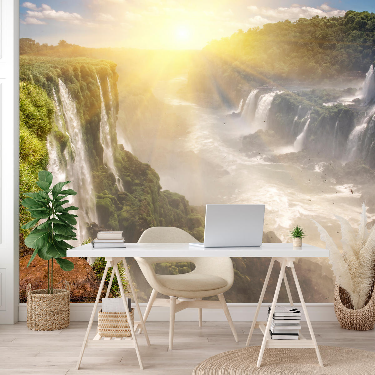 FOTOTAPETE für Wohnzimmer Wasserfall Sonnenaufgang Pflanzen 300x210 - Gelb/Beige, Papier (300/210cm) - Muralo