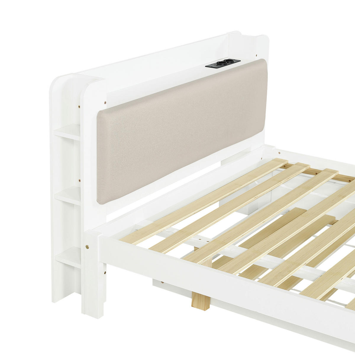 BETT 120/200 cm in Weiß mit Ausziehbett, gepolstertem Kopfteil, Kopfteilregal und Ladestation - Beige/Weiß, Holzwerkstoff (120/200cm) - STILVORA