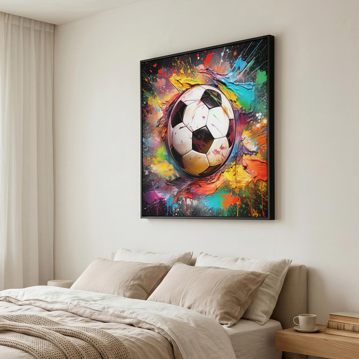 LEINWAND Bilder mit Rahmen - Fußball - Farbe - Farben - Schwarz - Weiß - 90x90 - Weiß, Textil (90/90cm) - MuchoWow