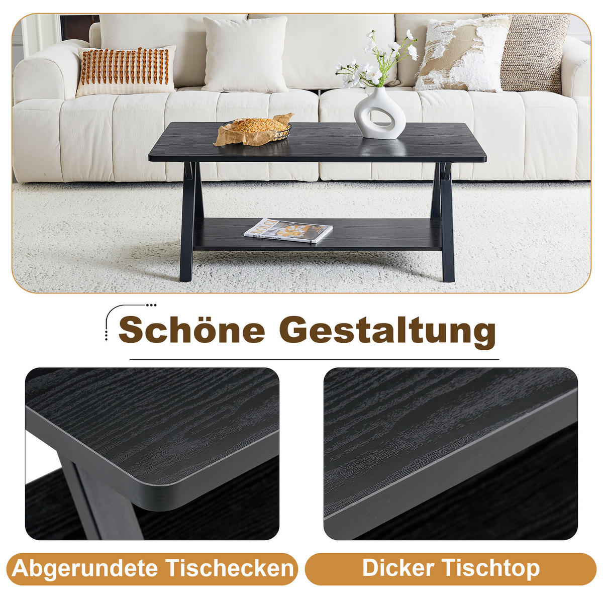 COUCHTISCH 110/57/44,5 cm schwarz aus MDF mit Ablage und Metallgestell - Schwarz, Holzwerkstoff (110/57/44.5cm) - OKWISH