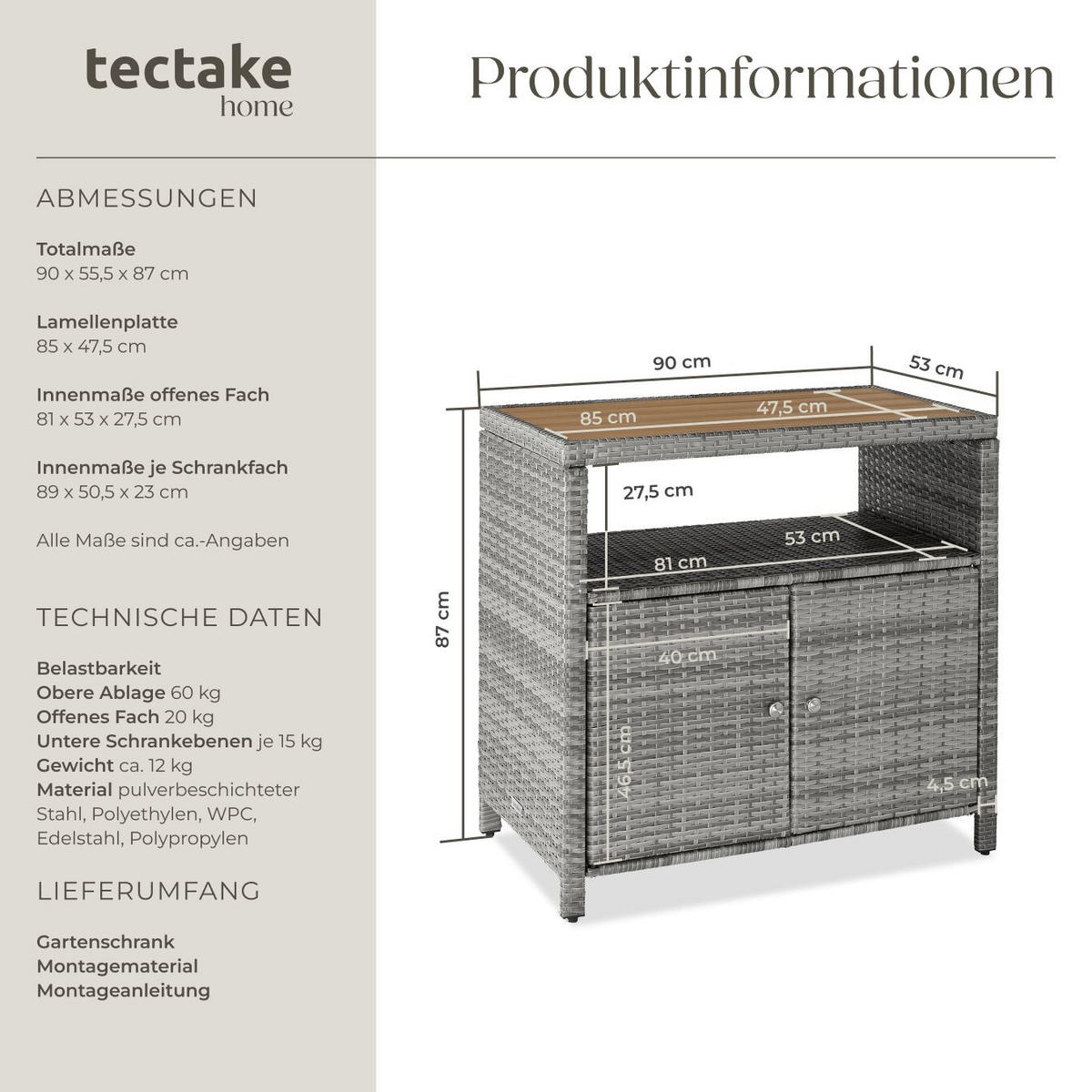 GARTENSCHRANK Monscia, höhenverstellbare Füße, 90 x 55,5 x 87 cm, grau - Grau, Kunststoff (90/97/55.5cm) - tectake