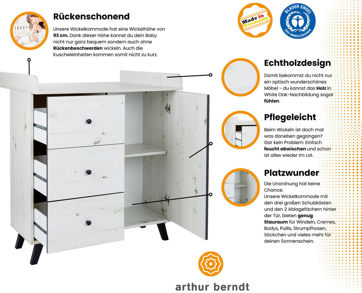 WICKELKOMMODE Lavea Landhausstil White Oak - Schwarz/Weiß, Holzwerkstoff/Kunststoff (88/100/75cm) - arthur berndt