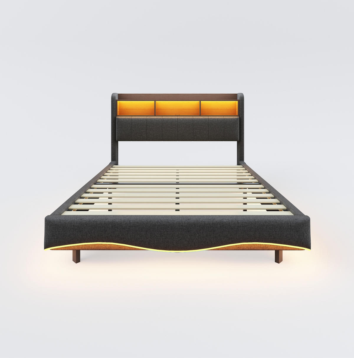 POLSTERBETT 160x200 cm Grau mit LED-Beleuchtung, USB- und Typ-C-Anschlüssen sowie Stauraum - Grau, Textil (160/200cm) - IVMEU