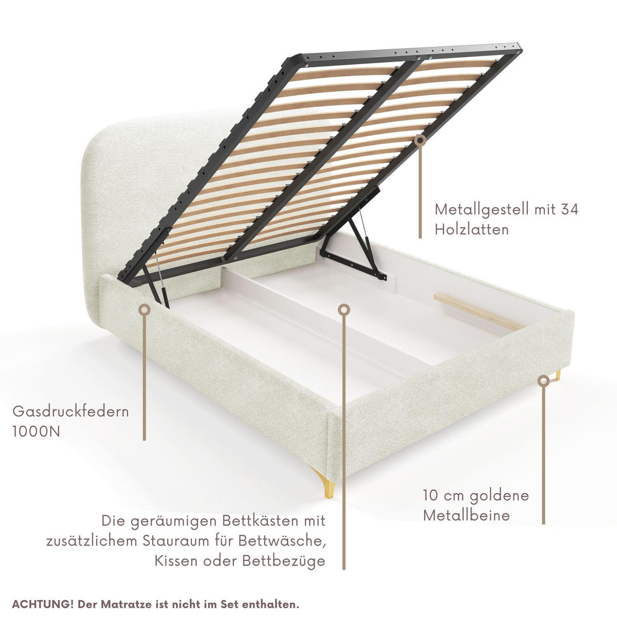POLSTERBETT LANA Bettkasten Lattenrost 120x200 Creme - Creme, Holz (120/200cm) - Furnistar