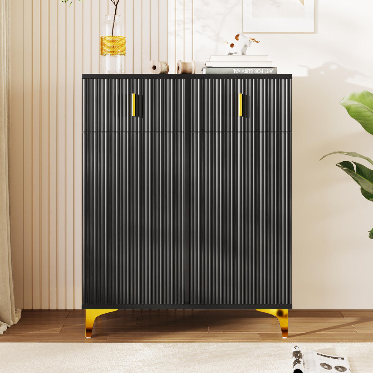SCHUHSCHRANK Sideboard Schwarz mit Schubladen, Push-to-Open und goldenen Akzenten - Schwarz, Holz (83/101/35cm) - PARAFTA HOME