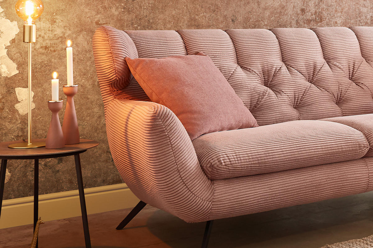 SOFA CHARME Pink Cord - Pink/Schwarz, Textil/Metall (225/94/95cm) - KAWOLA