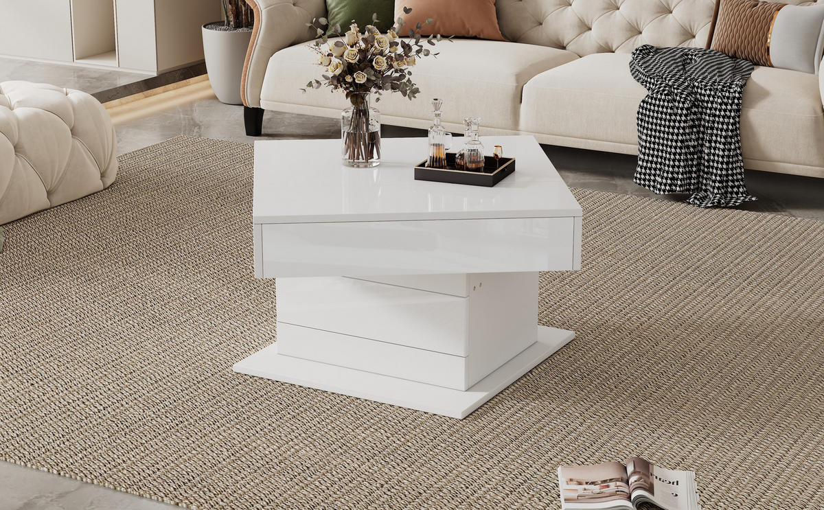 COUCHTISCH, hochglänzende Spanplatte, hebbar bis 59 cm & 360° drehbar, 70/70/45 cm, Weiß - Weiß, Holzwerkstoff (70/70/45cm) - Redom