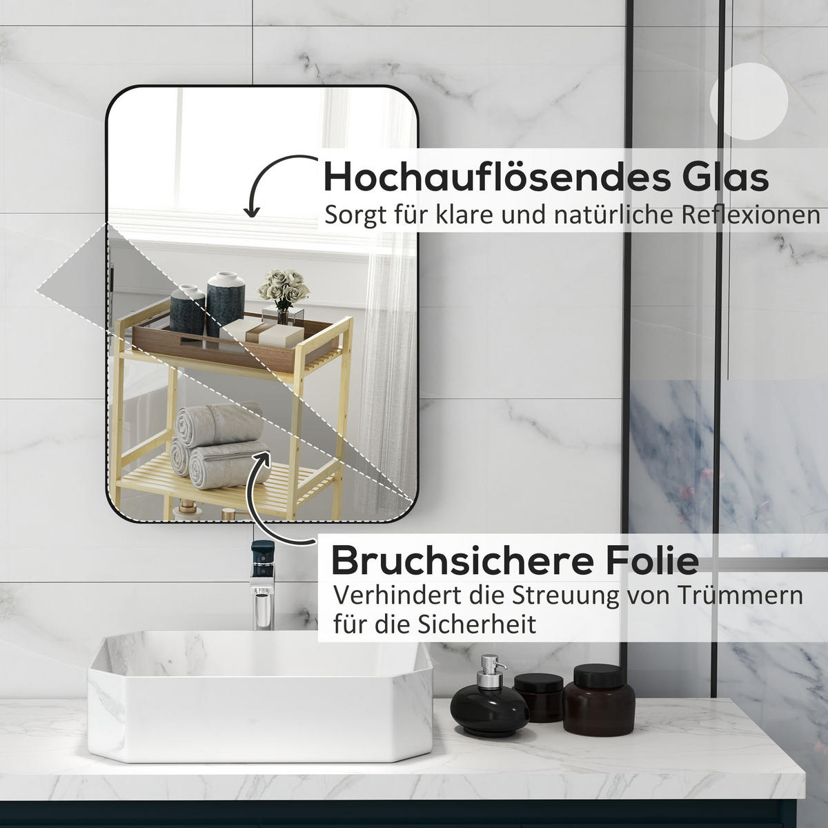 BADSPIEGEL Glas Metall Schwarz - Schwarz, Glas (50/70/2.5cm) - HOMCOM