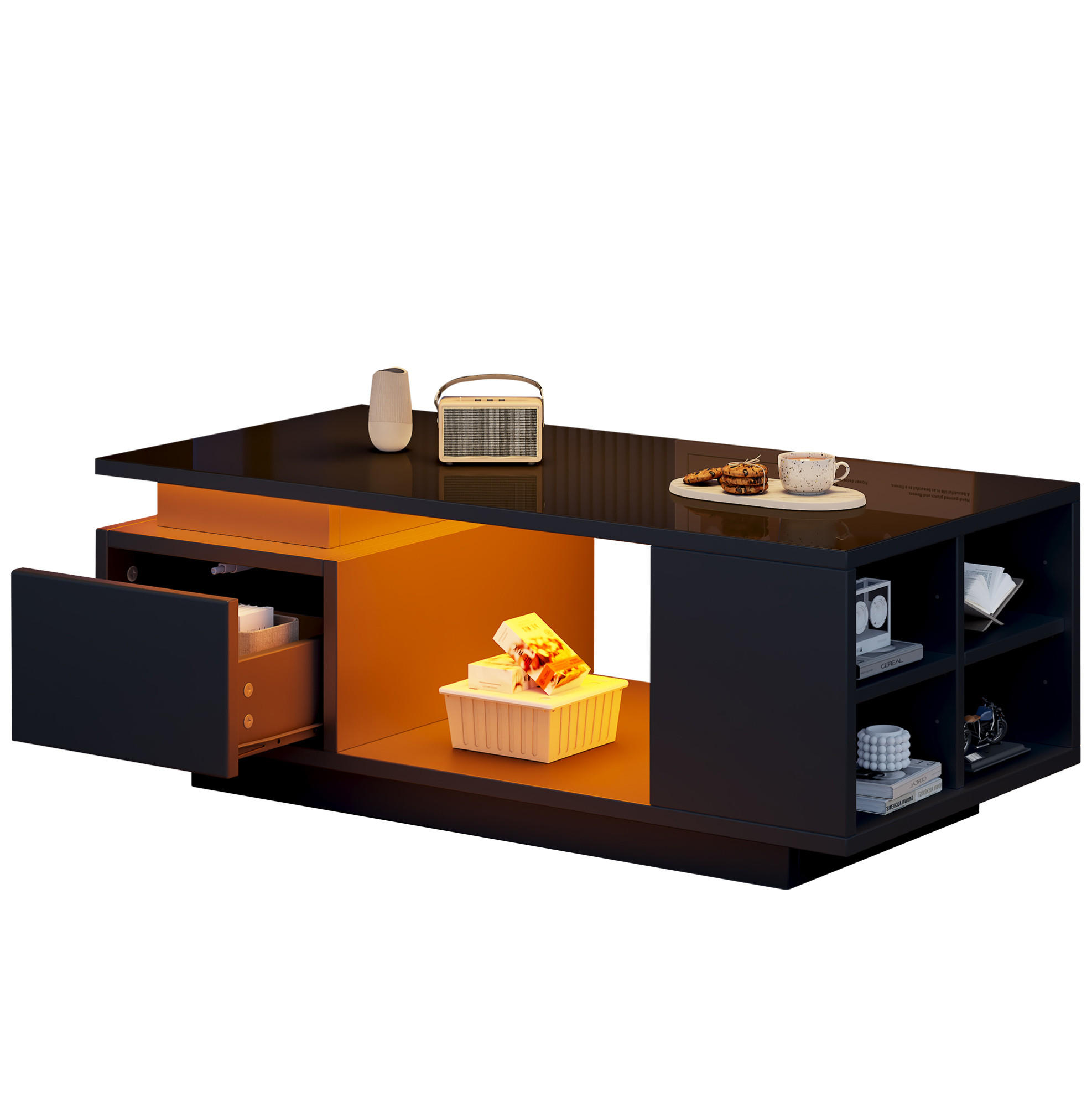 COUCHTISCH aus Spanplatte 100x50x36 cm Schwarz mit LED-Beleuchtung, Schublade und Ablagefächern - Schwarz, Holzwerkstoff (100/50/36cm) - IVMEU