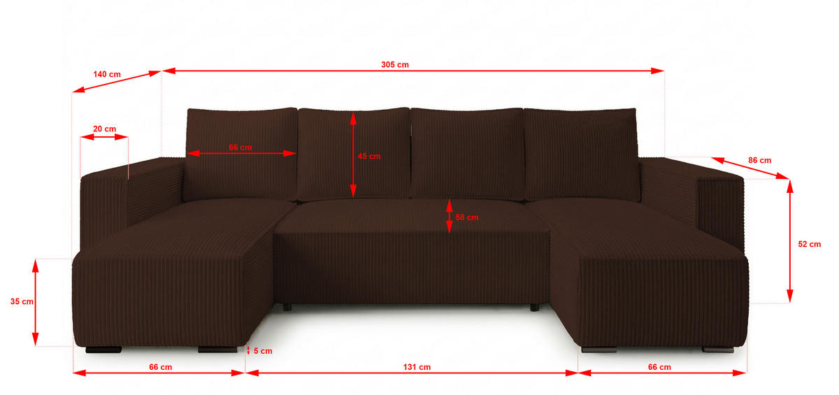 ECKSOFA CUDDY U, Eckcouch in U-Form mit Schlaffunktion und Bettkasten, Farbe: Braun, Cordstoff - Braun, Textil (305/85/140cm) - Storez24