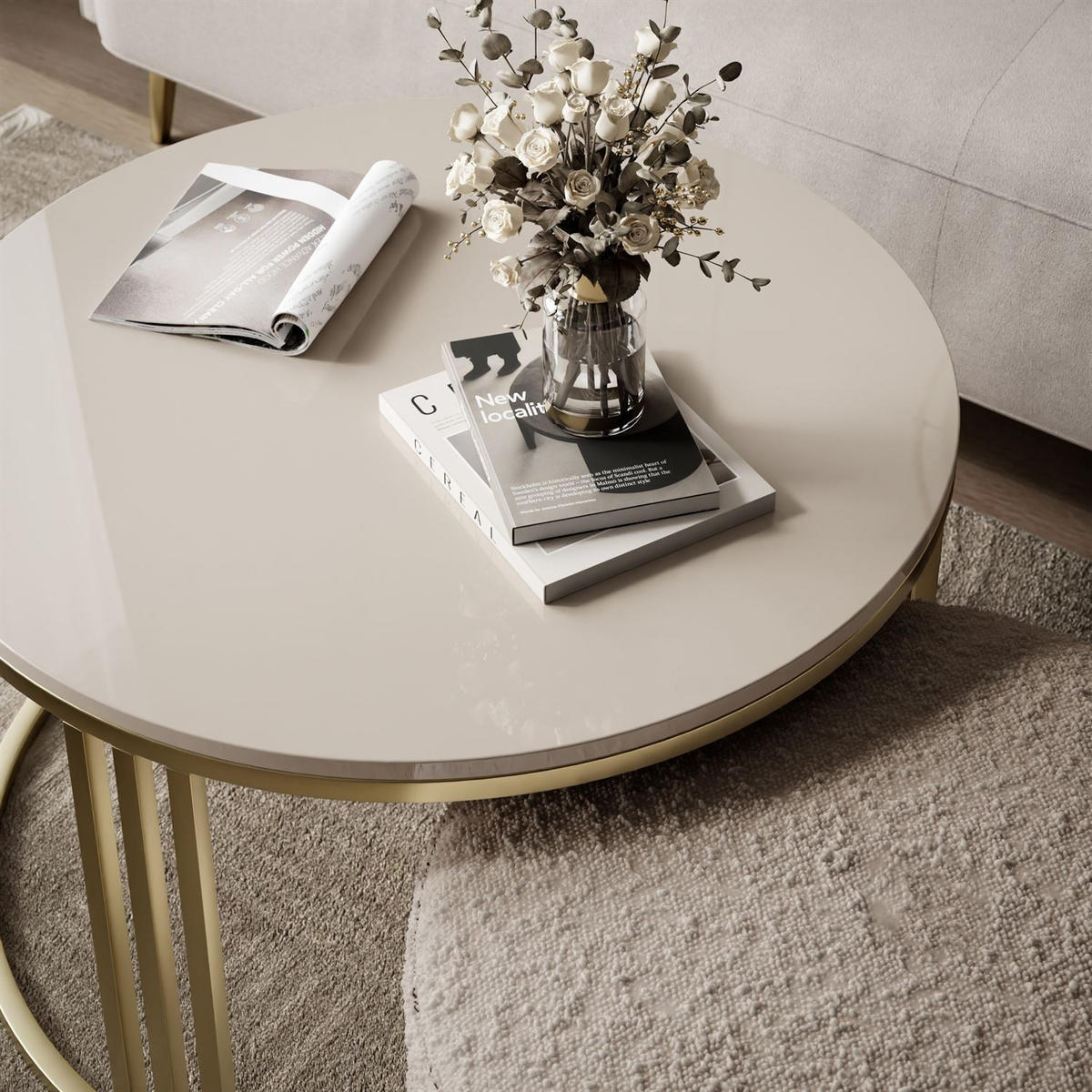 COUCHTISCH mit Hocker LORI Hochglanz gebürstetes Gold/glänzender Kaschmir/Coral 50 - Kaschmir, Metall (70/70/49cm) - Lookway