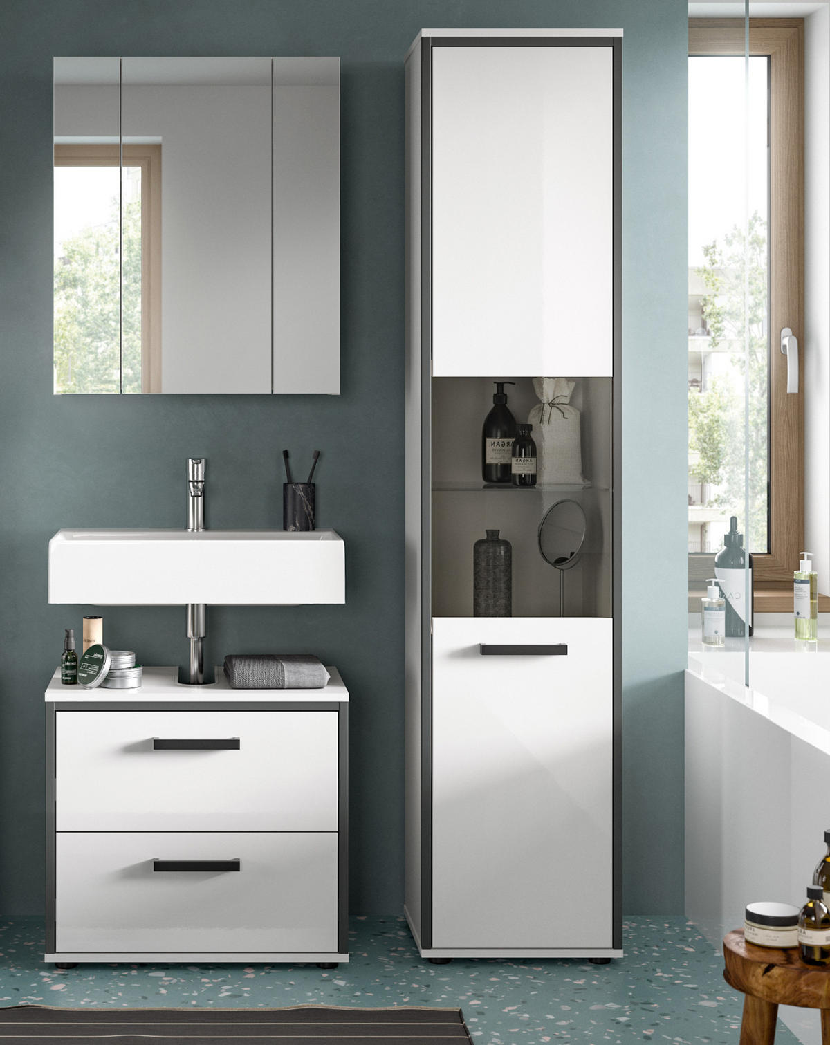 BADMÖBEL-SET 3-teilig weiß Hochglanz, grau 115 x 188 cm, Badkombination, modernes Design - Weiß Hochglanz/Schwarz, Glas/Holzwerkstoff (115/188/37.5cm) - Inn.Furn