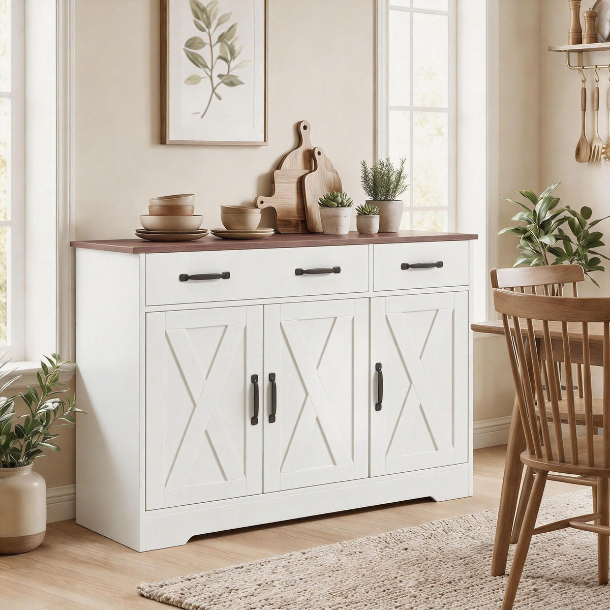 SIDEBOARD DE-11300 Landhausstil, 3 Scheunentüren Weiß - Weiß, Holzwerkstoff (108/81/40cm) - ComfortXL