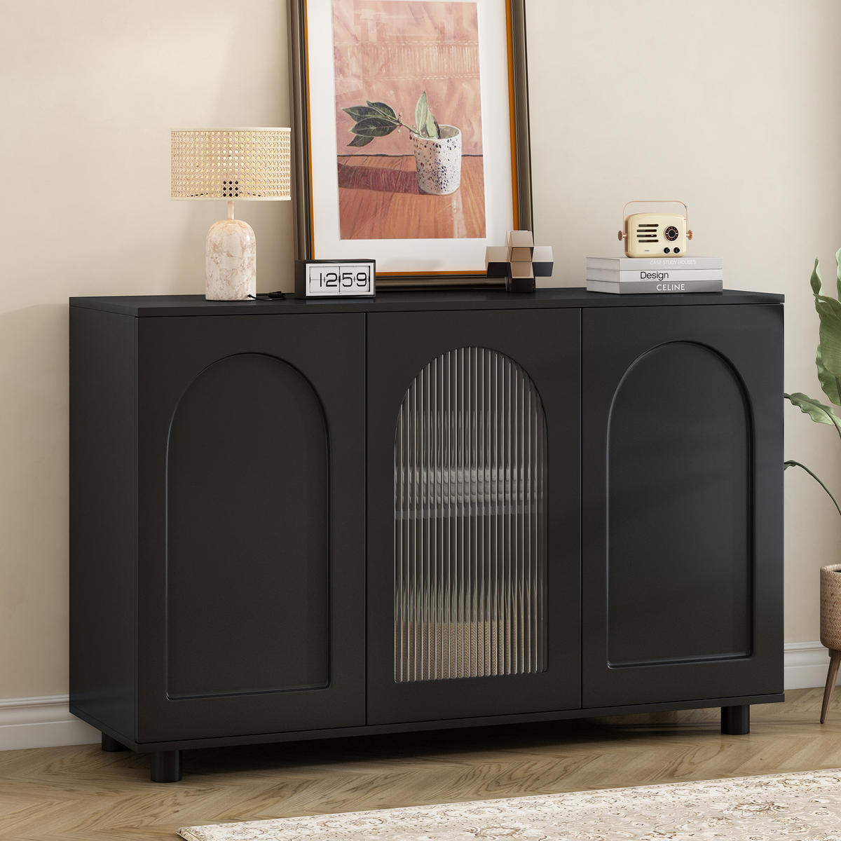 SIDEBOARD in Schwarz mit 3 Türen & Glaseinsatz – griffloses Design - Schwarz, Holzwerkstoff (120/78.5/40cm) - BEAOK