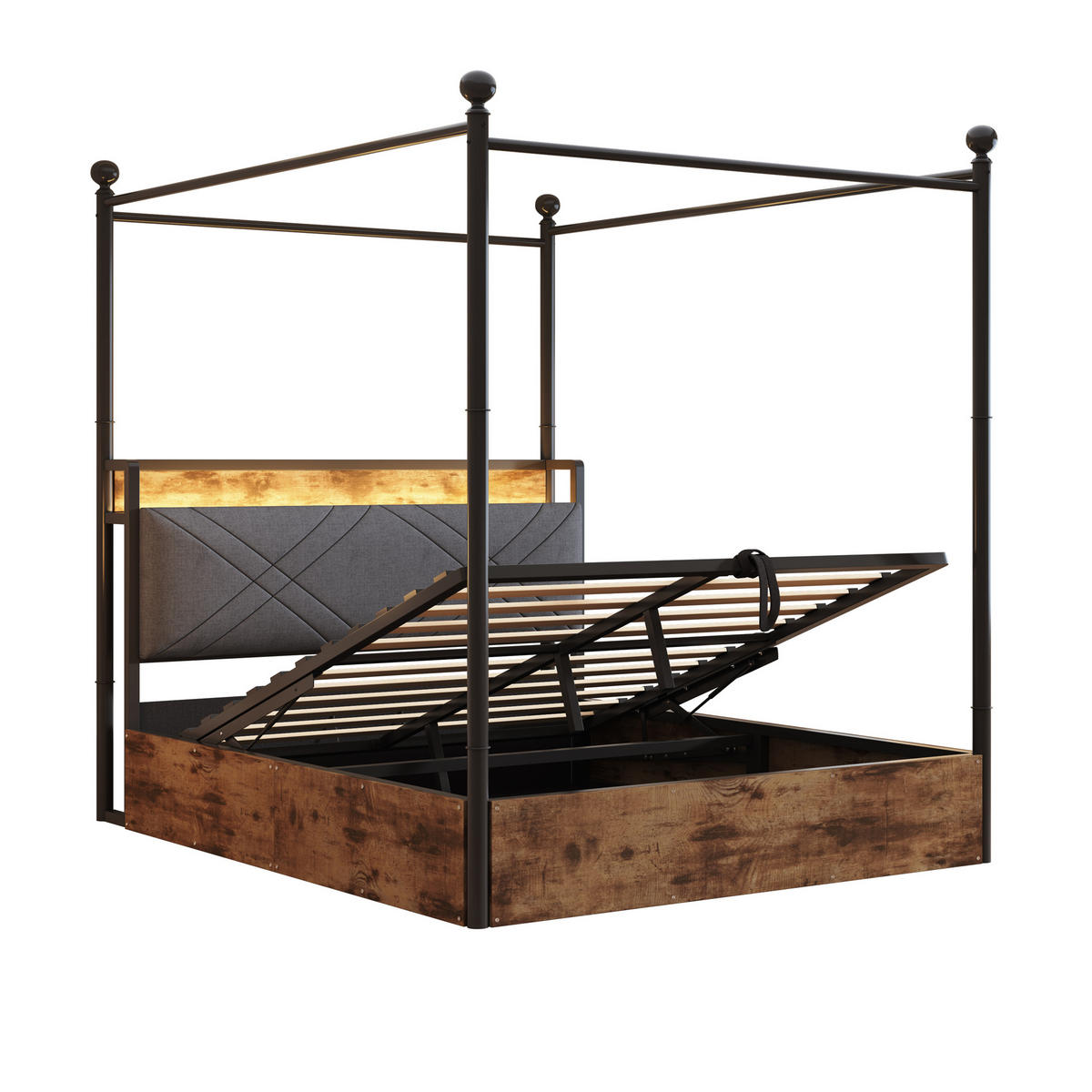 METALLBETT 140/190 cm in Schwarz mit Stauraum, LED-Beleuchtung und USB-/Type-C - Schwarz, Metall (140/190cm) - Flora Grace