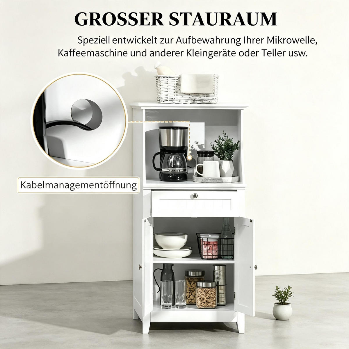 HIGHBOARD DE-38817 60/40/122,5 cm Mikrowellenfach und Schublade Weiß - Weiß, Holzwerkstoff (60/122.5/40cm) - ComfortXL