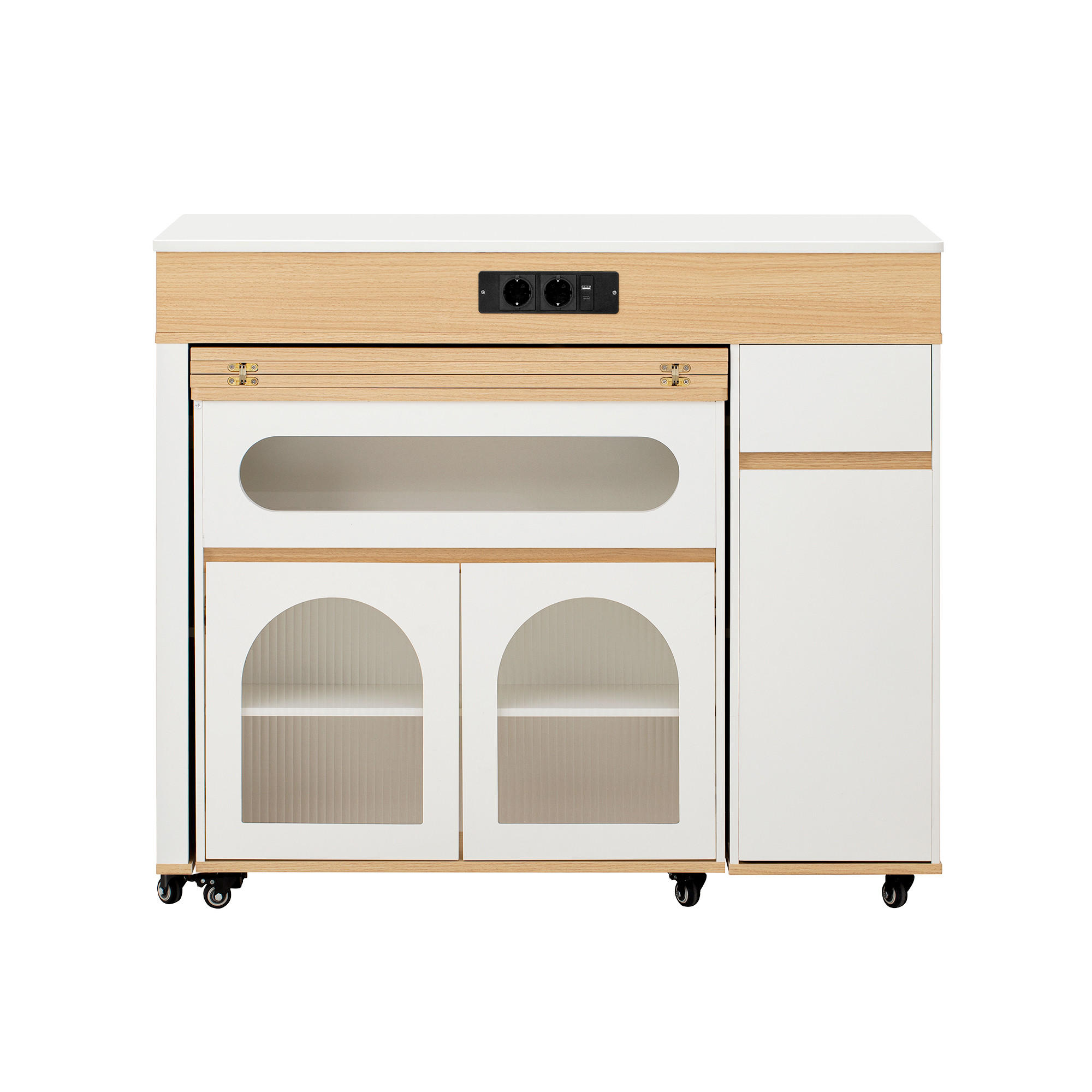 KÜCHENINSEL aus MDF 50.5-187.5x110.5x95.5 cm Weiß/Natur mit ausziehbarer Tischplatte & Steckdosen - Weiß, Holzwerkstoff (187.5/95.5/110.5cm) - Modfu