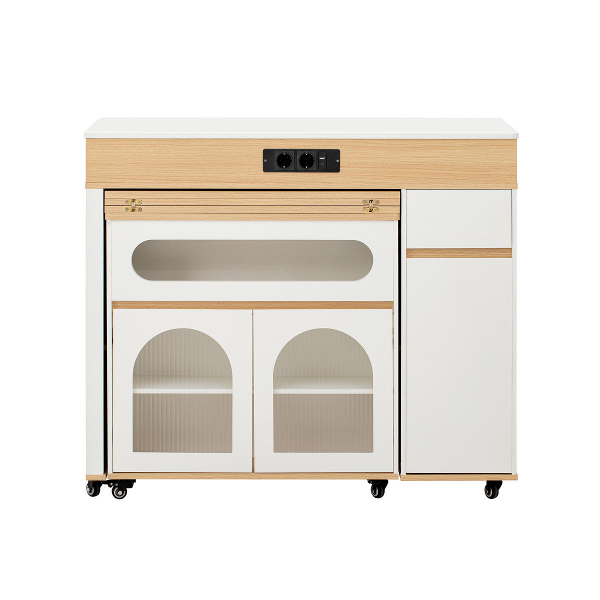 KÜCHENINSEL aus MDF 50.5-187.5x110.5x95.5 cm Weiß/Natur mit ausziehbarer Tischplatte & Steckdosen - Weiß, Holzwerkstoff (187.5/95.5/110.5cm) - Modfu