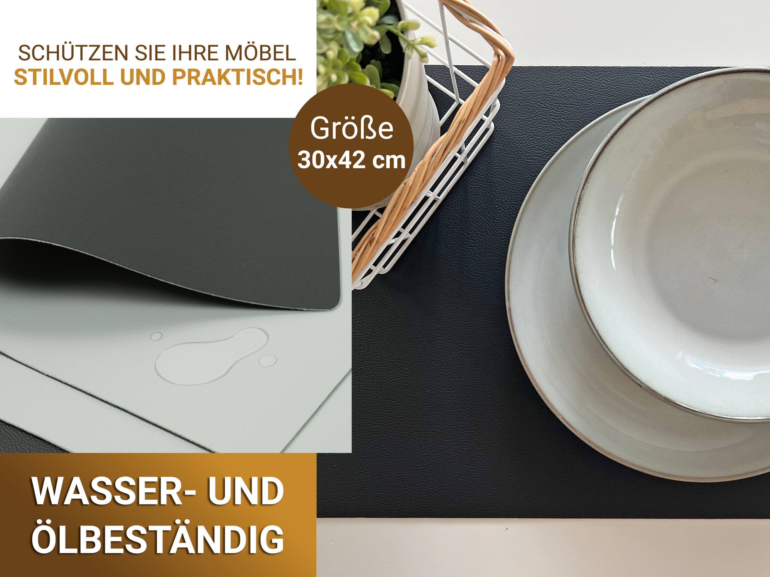 TISCHSET, 6er-Set, 30x42 cm, wasserdicht, aus PVC und Polyester, Schwarz - Schwarz, Textil (42/30/1cm) - Zollner