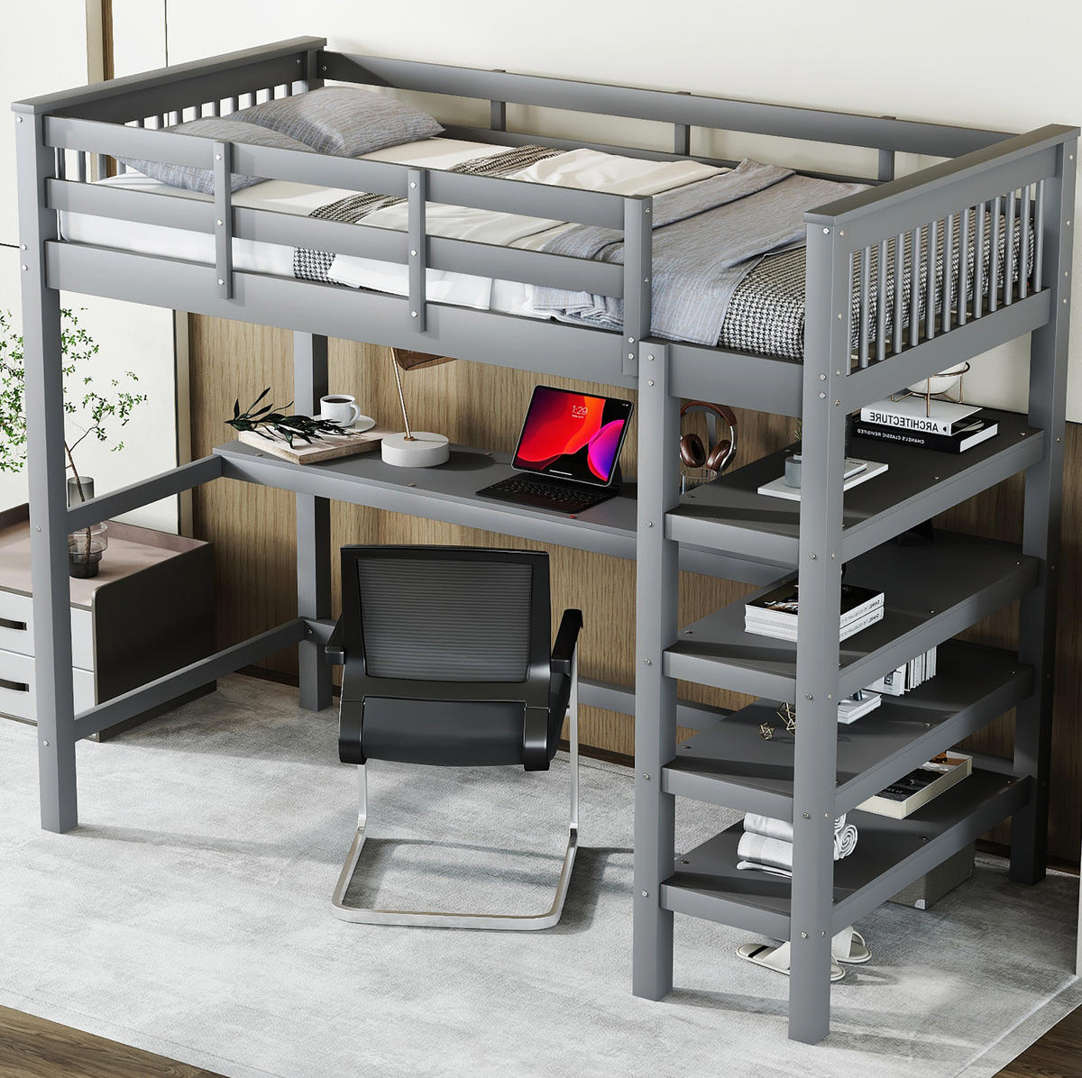 HOCHBETT 90/200 cm mit Schreibtisch, Ablagefächern und sicherem Geländer, Grau - Grau, Holzwerkstoff (90/200cm) - Redom