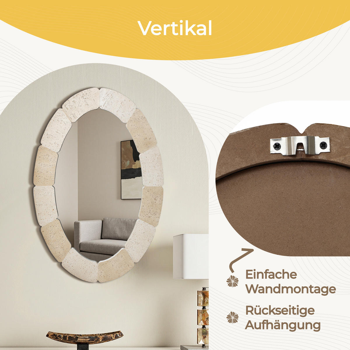 78CM H Ovaler Wandspiegel mit Polyharzrahmen Geeignet für Badezimmer, Wohnzimmer, Schlafzimmer usw. Moderner Boho-Stil - Beige/Akaziefarben, Glas/Kunststoff (78/3.5/52cm) - Hometopia