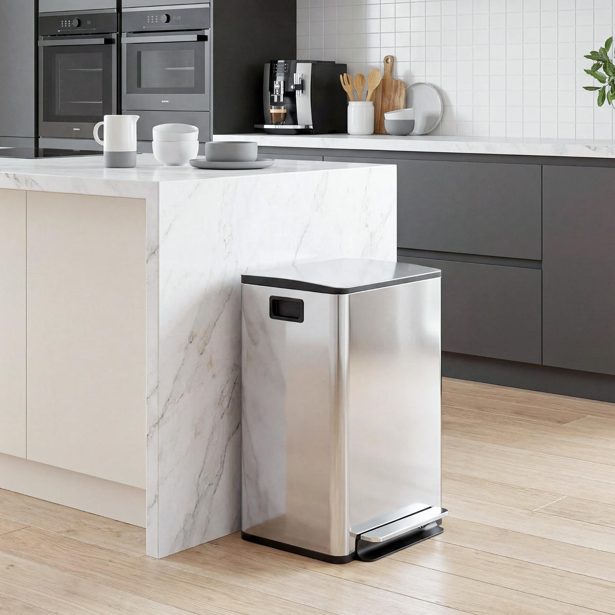MÜLLEIMER MÜLLTRENNUNG 2X20L 41,8/36,7/58 cm Edelstahl Silber Tretmülleimer Küche - Silberfarben, Metall (36.7/58/41.8cm) - Rolipo
