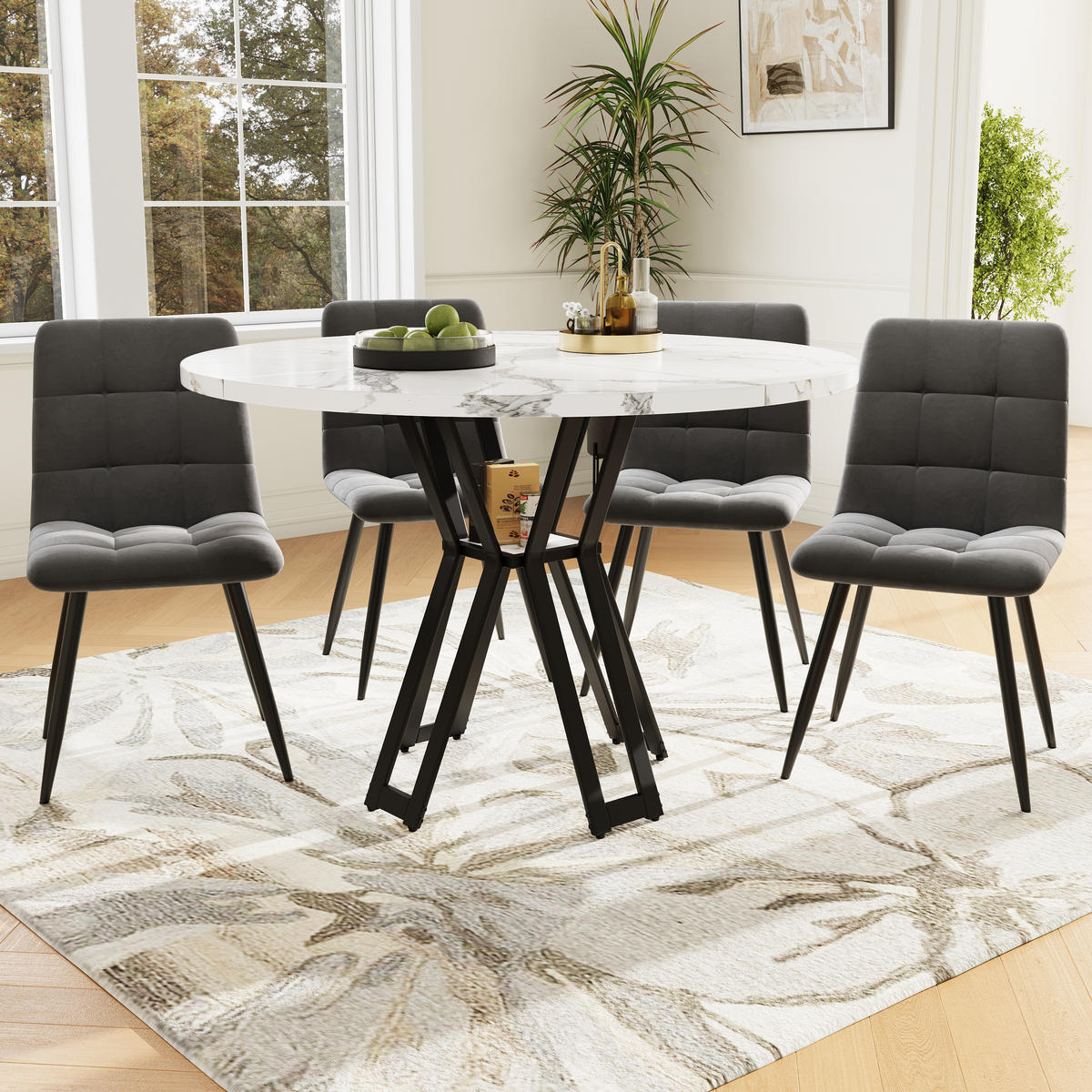 ESSTISCHSET 5-Teilig Rund 100 Cm, 4 Graue Samtstühle, Weiß Marmor, Schwarz - Multicolor, Metall (100/76/100cm) - FLIEKS