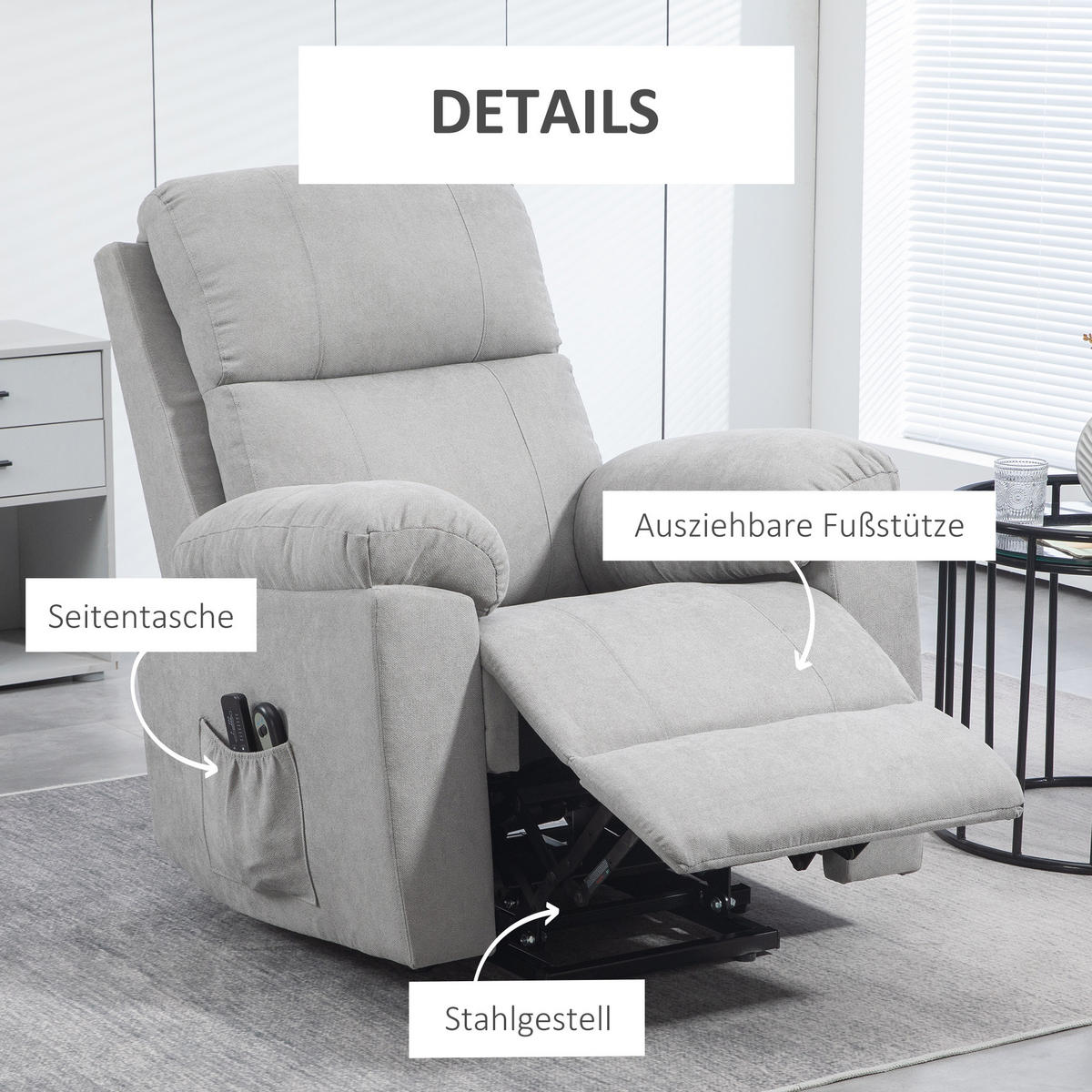 FERNSEHSESSEL mit Aufstehhilfe Elektrisch Relaxsessel mit Liegefunktion Hellgrau - Hellgrau/Schwarz, Textil/Metall (99/103/89cm) - HOMCOM