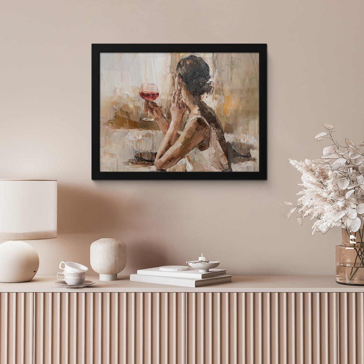 ZARÁMOVANÝ PLAGÁT Olejomaľba - Žena - Víno 40x30 cm - svetlohnedá, papier (40/30cm) - MuchoWow