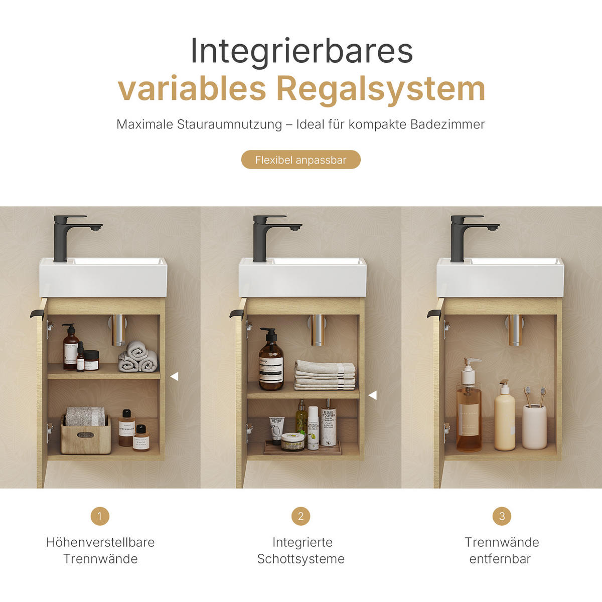 WASCHTISCHKOMBI 41,7 cm Eiche Natur mit Keramik-Waschbecken - Eichefarben/Schwarz, Holzwerkstoff (41.7/64.6/24cm) - EMKE