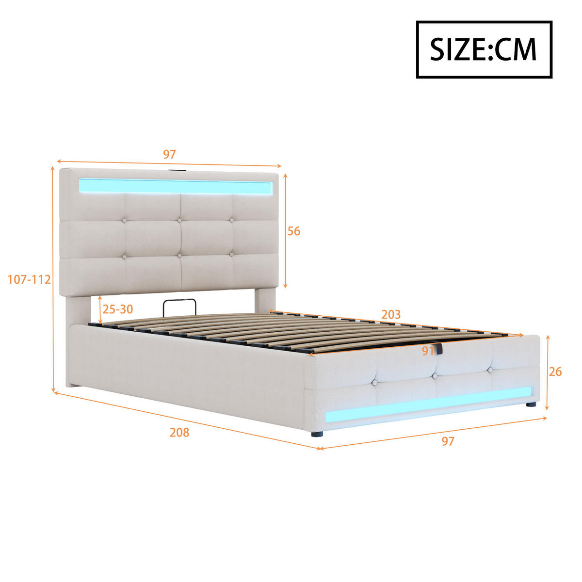 POLSTERBETT 90/200 cm Beige aus Leinen mit Stauraum und LED-Beleuchtung mit USB - Beige, Textil (90/200cm) - OKWISH