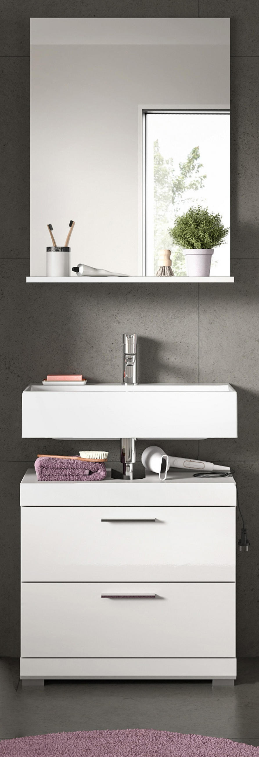 BADMÖBEL-SET weiß Hochglanz 2-teilig 60 cm, Kombination mit Spiegel - Weiß Hochglanz, Glas/Holzwerkstoff (60/191/37cm) - Inn.Furn