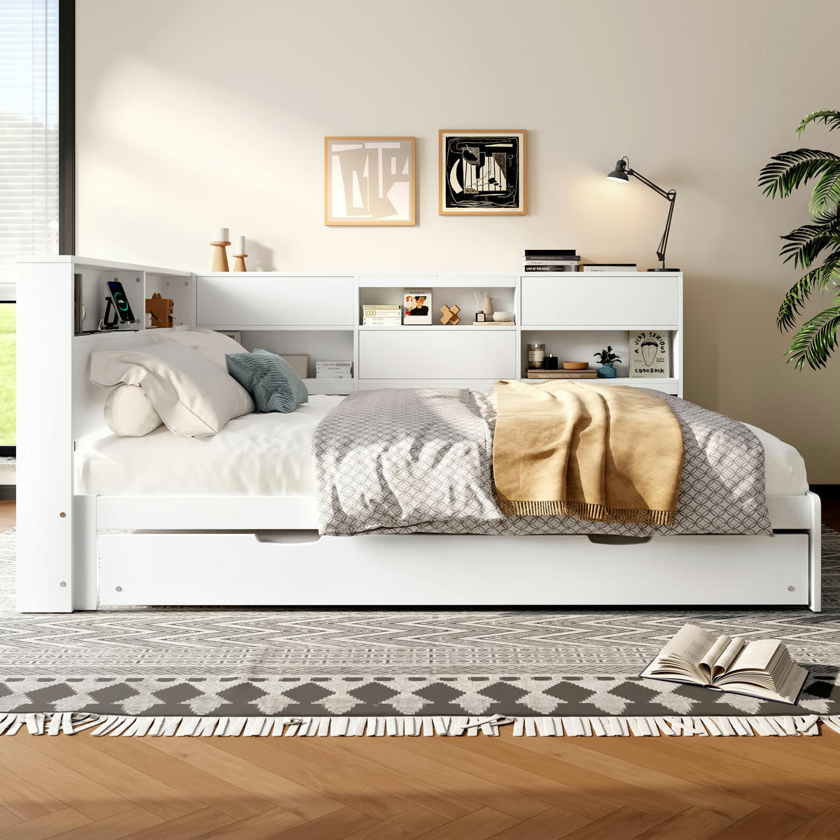 TAGEBETT 140x200cm Weiß Kopfteil Staufach Ausziehbett - Weiß, Holz (140/200cm) - FLIEKS