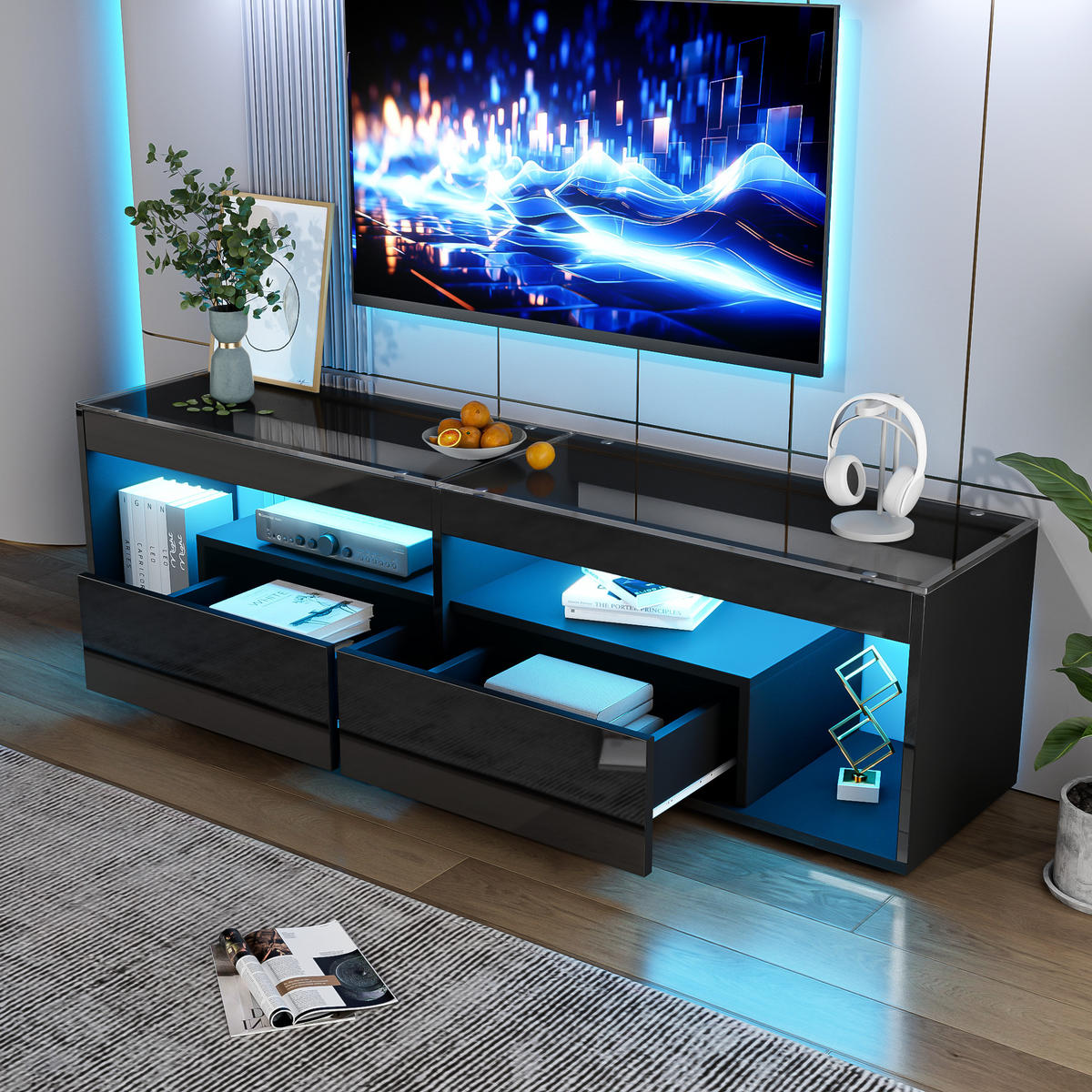 TV-ELEMENT180CM Schwarz-Hochglanz für 70-Zoll-TV mit LED-App-Steuerung - Schwarz, Holz (48.9/15.24/104.14cm) - Raelunyi