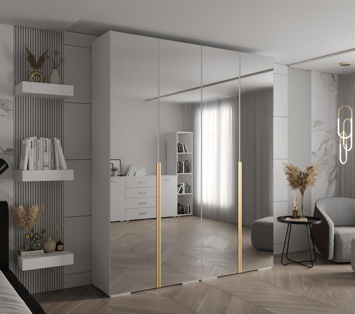 DREHTÜRENSCHRANK 236.7/200/47 4-türig - Goldfarben/Weiß, Holz/Metall (200/236.7/47cm) - Abiks Möbel