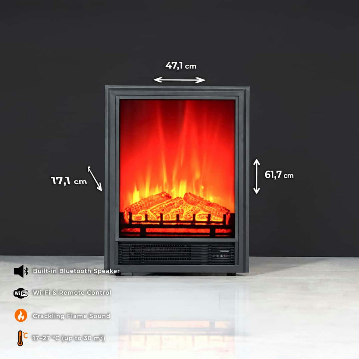 ELEKTROKAMIN 1800 W mit Bluetooth Lautsprecher EF1 - Schwarz, Metall (47.1/61.7/17.1cm) - dlc home