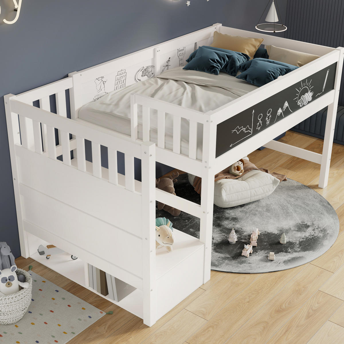 HOCHBETT 90/200 cm in Weiß – mit Stauraumtreppe und Rausfallschutz - Weiß, Holzwerkstoff (90/200cm) - BEAOK