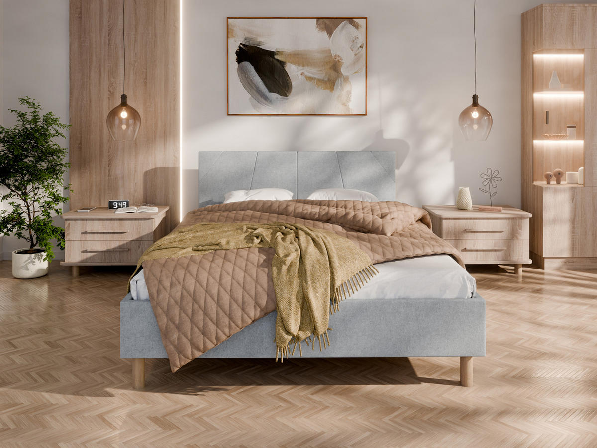 POLSTERBETT ALMORE 160x200cm Elegantes Polsterbett für modernen Wohnstil , Taschenfederkernmatratze LIORA(19cm), hellgrau - Hellgrau, Holz (140/200cm) - Panda Möbel