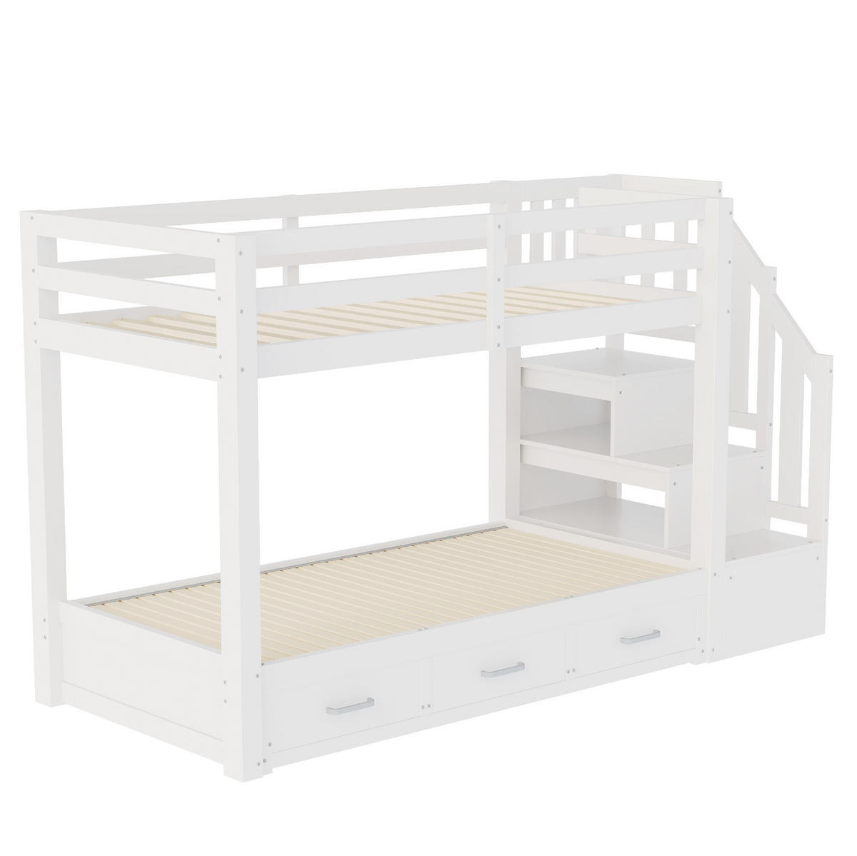ETAGENBETT 90/200 cm mit Ausziehbett, Stauraumleiter und 3 Schubladen, Weiß/Grau - Weiß, Holzwerkstoff (90/200cm) - Redom