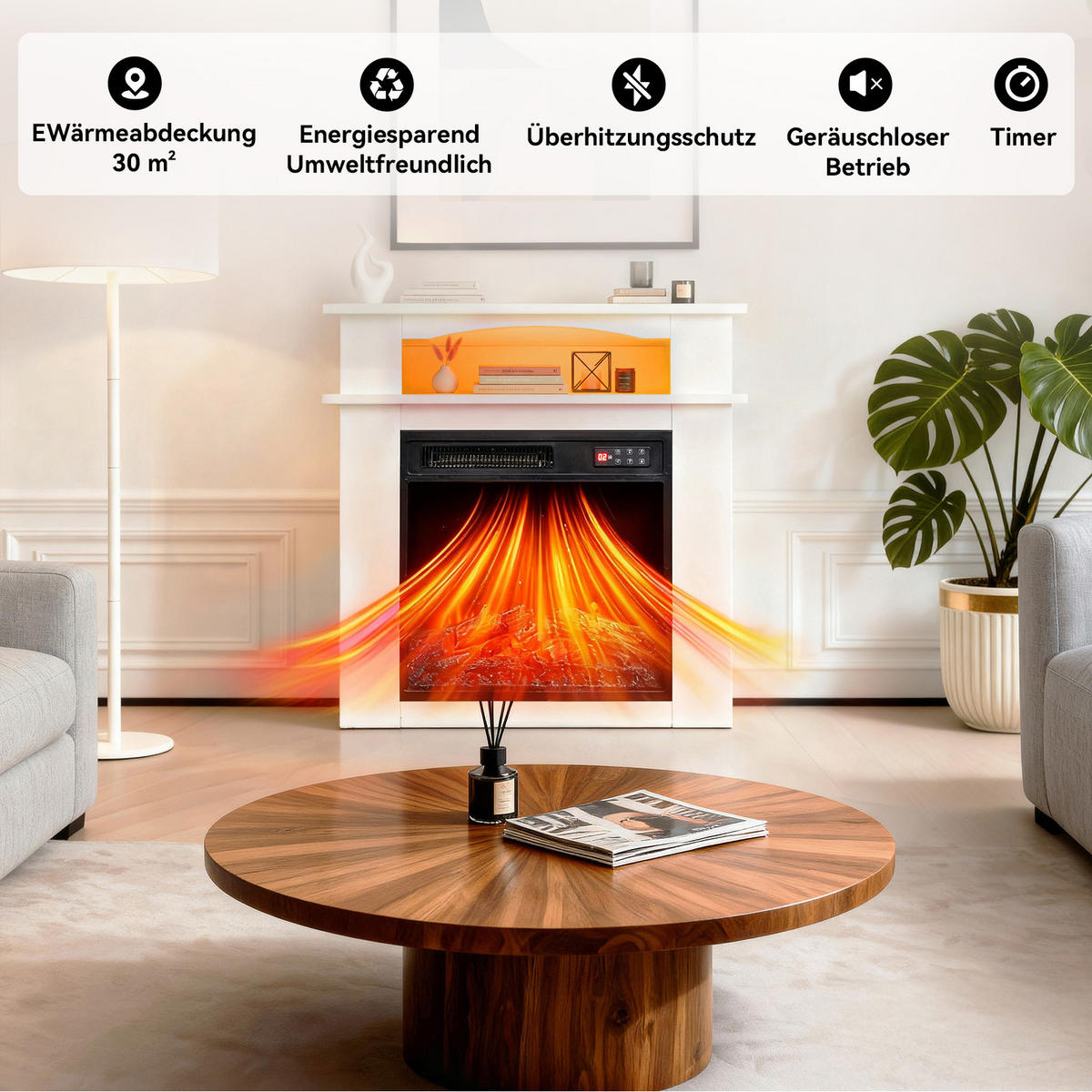 ELEKTROKAMIN mit Schrank, 1000W / 2000W Heizleistung - Weiß, Metall (48.51/45.54/13.57cm)