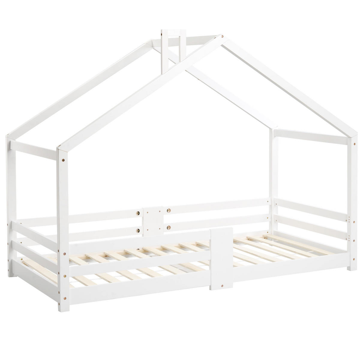 KINDERBETT Kindereinzelbetten 90/200 cm mit Rausfallschutz, Lattenrost und Schornstein-Design aus Kiefernholz, Weiß - Weiß, Holz (90/90cm) - Redom