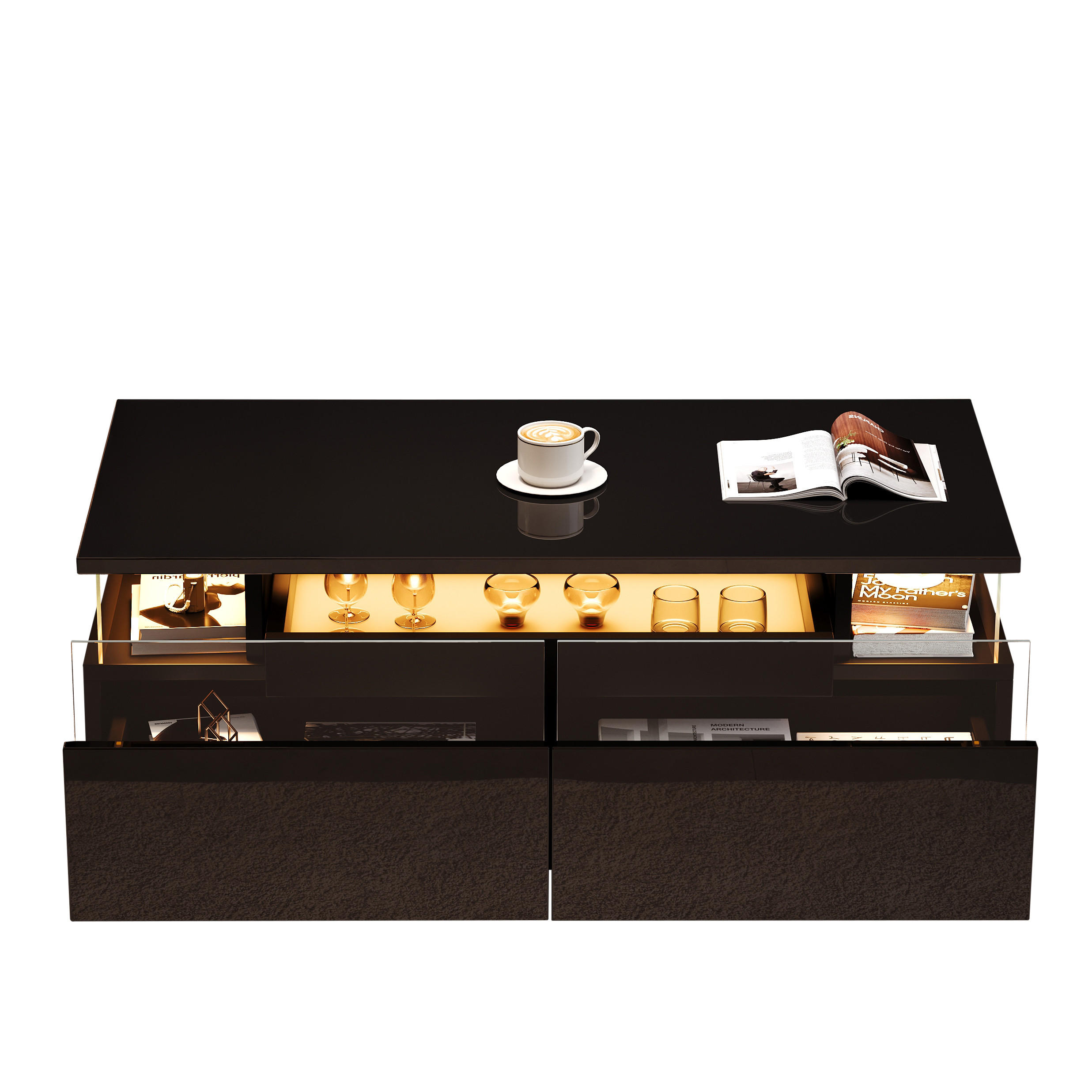 COUCHTISCH 90/45/35,5 cm mit Hochglanz & 3-stufigem Stauraum, Tablett & Acryl, MDF modern - Schwarz, Glas/Holzwerkstoff (90/45/35.5cm) - EVRYAE