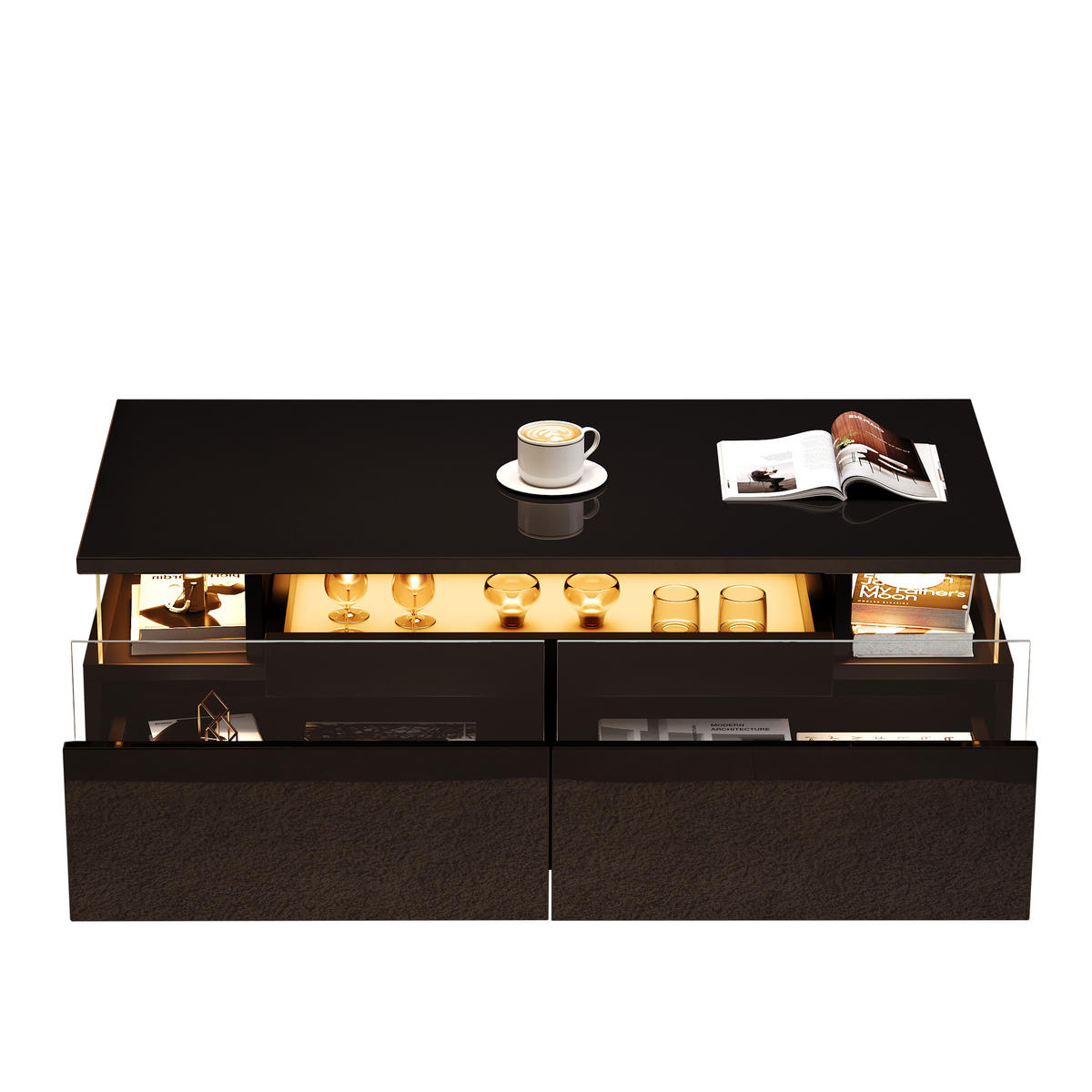 COUCHTISCH 90/45/35,5 cm Schwarz aus Holzwerkstoff mit abnehmbarem Tablett und LED-Licht - Schwarz, Holzwerkstoff (90/45/35.5cm) - OKWISH