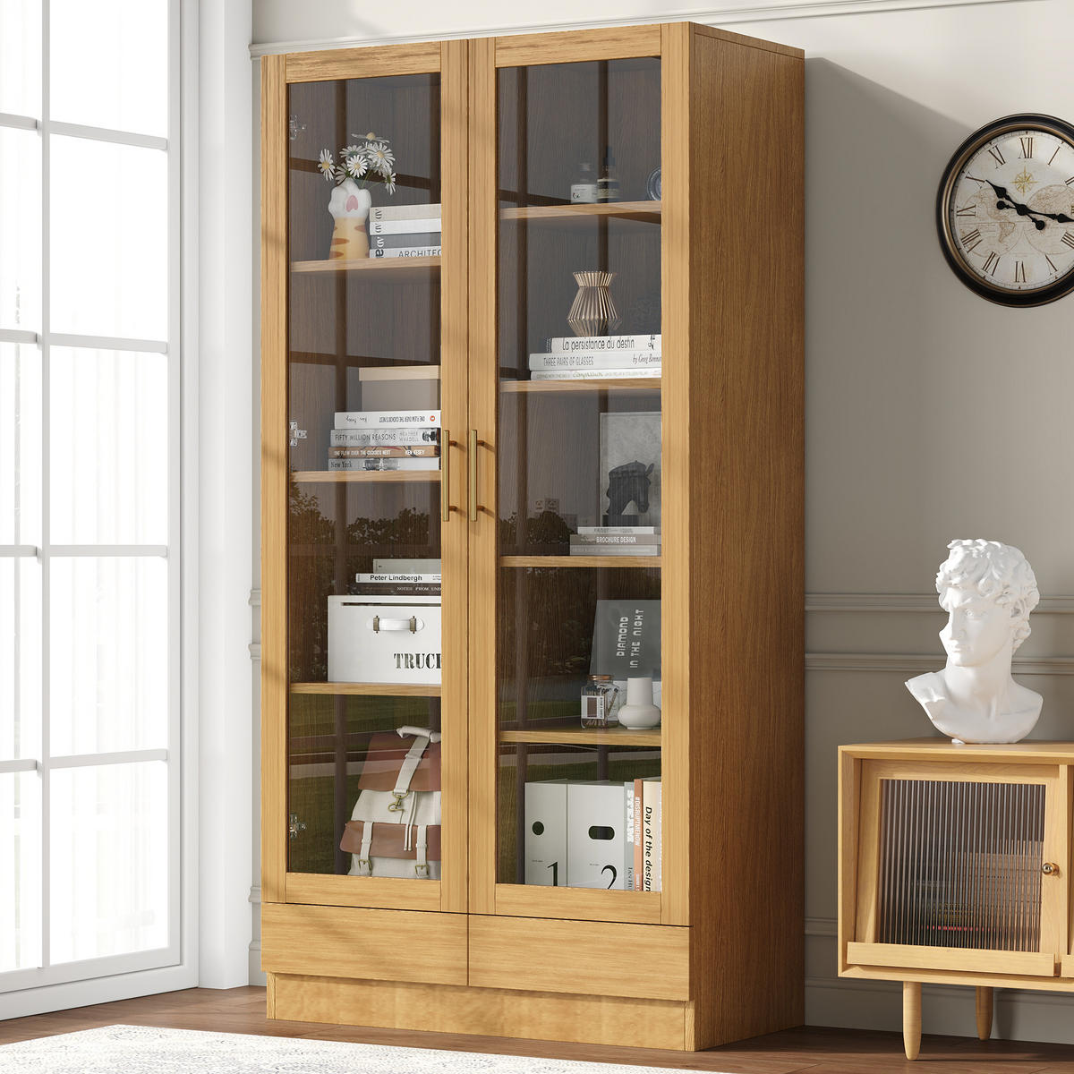 VITRINE in Naturfarben Aktenschrank mit Schubladen für Wohnzimmer, Schlafzimmer oder Büro, B80/T40/H160cm - Transparent/Naturfarben, Glas/Holzwerkstoff (80/160/40cm) - STILVORA