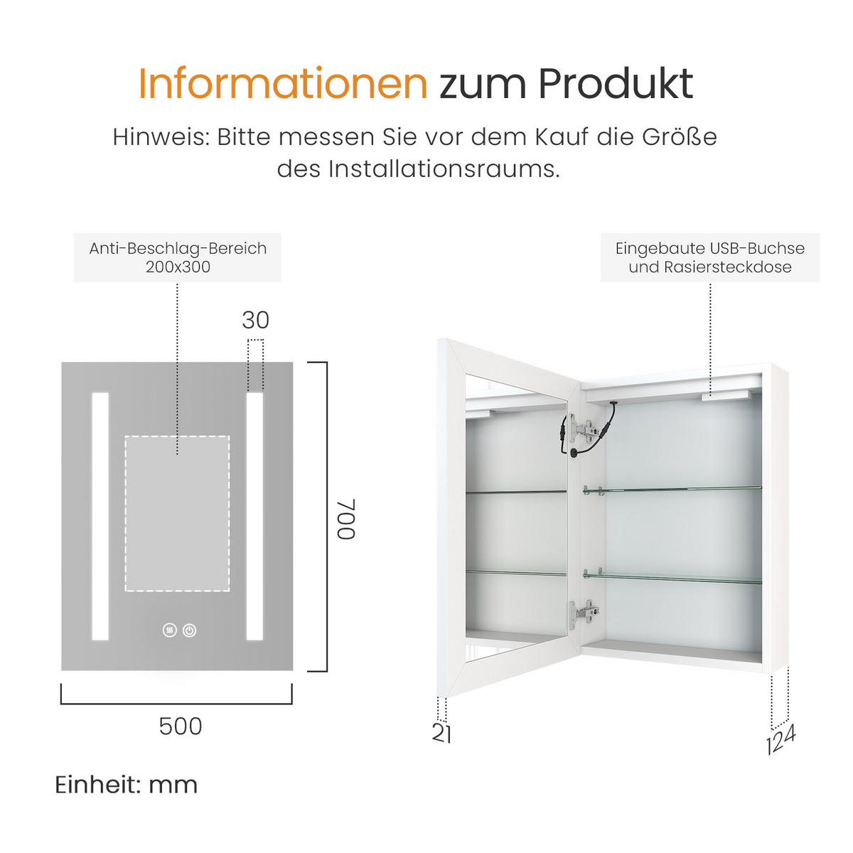 SPIEGELSCHRANK mit Beleuchtung Weiß 70/50/14,5 - Weiß, Metall (50/70/70cm) - EMKE