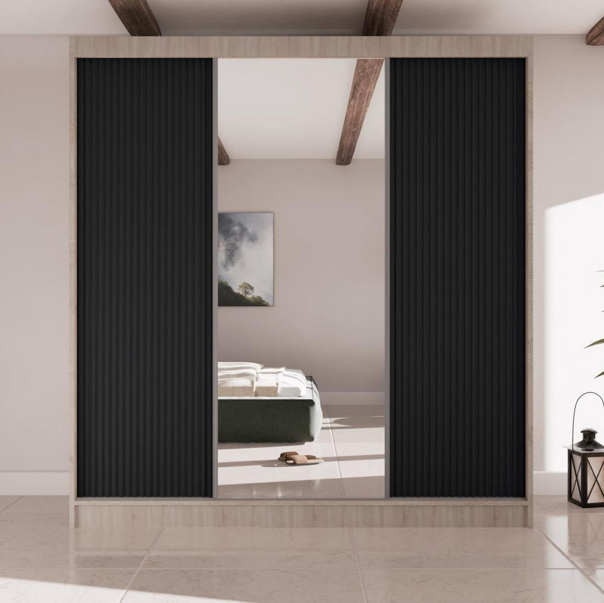 SCHWEBETÜRENSCHRANK Ramos II 200/61/215 eiche sonoma+schwarz - Schwarz/Sonoma Eiche, Holzwerkstoff (200/215/61cm) - Beautysofa