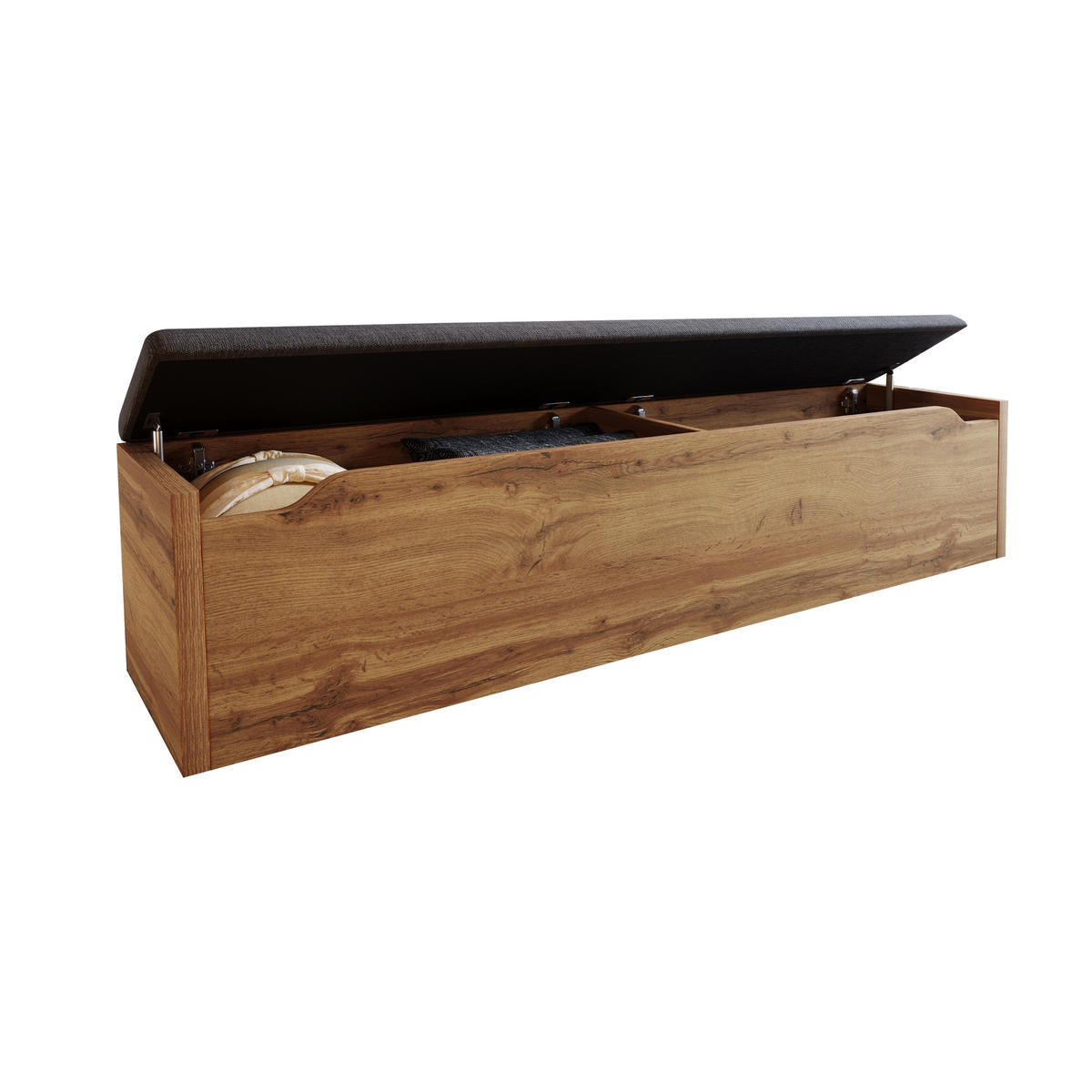 BETTANLAGE 160/200 cm in Eiche mit Leselampen, USB, Type-C, Nachttischen und Sitzbank Metall, MDF & Leinen - Eichefarben/Grau, Holzwerkstoff/Textil (160/200cm) - STILVORA